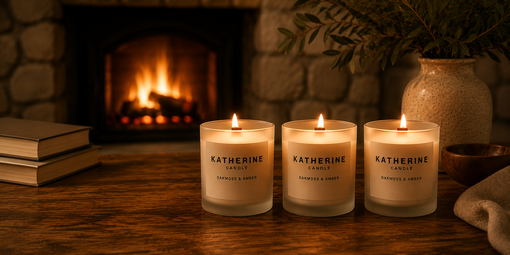 Three Oakmoss & Amber candles by KATHERINE Candle on a wooden table beside a warm fireplace.